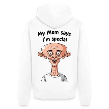 Mutti sagt, ich bin besonders - Unisex Premium Bio Zip Hoodie - Weiß - Hinten - Thijin (182cm)