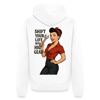 Pin-up Mécanique de voitures : Transforme ta vie - Veste à capuche bio Premium Unisexe - blanc - Dos - Thijin (182cm)