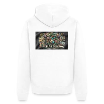 Synthetic Gilded Age – Stay Human In The Grid 2026 - Unisex Premium Bio Zip Hoodie - Weiß - Hinten - Thijin (182cm)
