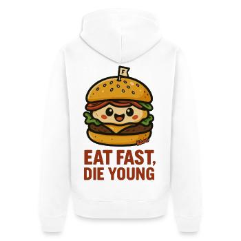 Kawaii Hamburger Figur mit lustigem Slogan - Unisex Premium Bio Zip Hoodie - Weiß - Hinten - Thijin (182cm)