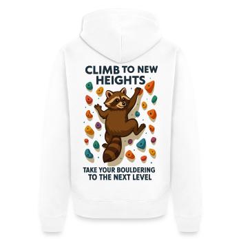 Bouldern Waschbär Motivation: Climb New Heights - Unisex Premium Bio Zip Hoodie - Weiß - Hinten - Thijin (182cm)
