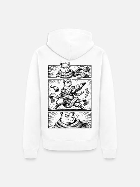 Lama im Schal-Chaos – Schwarz-Weiß-Comic - Unisex Premium Bio Zip Hoodie - Weiß