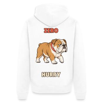 Zero Hurry – Fauler Bulldoggen-Humor - Unisex Premium Bio Zip Hoodie - Weiß - Hinten - Thijin (182cm)