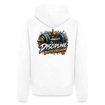 Disziplin baut Freiheit - Unisex Premium Bio Zip Hoodie - Weiß - Hinten - Thijin (182cm)