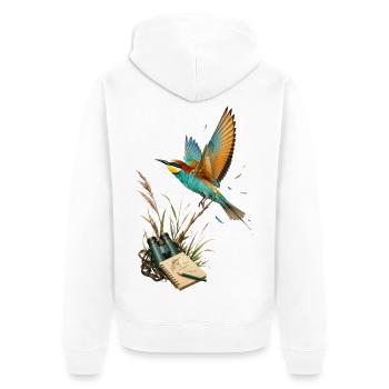 Farbenfrohe Schwalben-Entdecker - Unisex Premium Bio Zip Hoodie - Weiß - Hinten - Thijin (182cm)