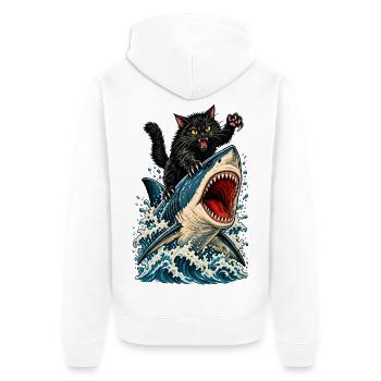 Angry Black Cat Riding a Great White Shark - Unisex Premium Bio Zip Hoodie - Weiß - Hinten - Thijin (182cm)