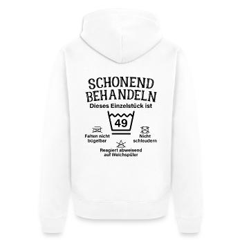 Schonend Behandeln 49. Geburtstag Einzelstück 49 - Unisex Premium Bio Zip Hoodie - Weiß - Hinten - Thijin (182cm)