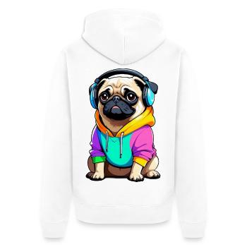 Pug mit Kopfhörer und Kleidung - Unisex Premium Bio Zip Hoodie - Weiß - Hinten - Thijin (182cm)