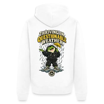 RobVibe Wild Club – Frosch bei fragwürdigem Wetter - Unisex Premium Bio Zip Hoodie - Weiß - Hinten - Thijin (182cm)