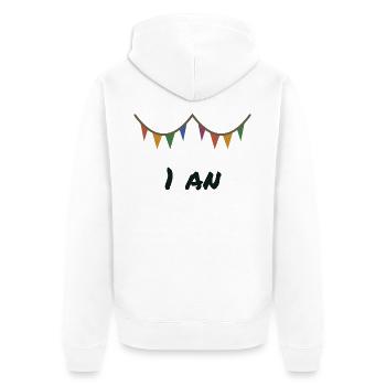 1. 1 Jahr. 1. JUBILÄUM. 1-JÄHRIGES JUBILÄUM - Unisex Premium Bio Zip Hoodie - Weiß - Hinten - Thijin (182cm)