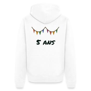5 JAHRE. 5. JUBILÄUM. 5-JÄHRIGES JUBILÄUM - Unisex Premium Bio Zip Hoodie - Weiß - Hinten - Thijin (182cm)
