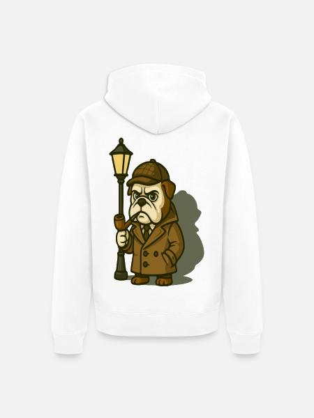 Sherlock Bulldogge-Detektiv mit Pfeife und Lampe - Unisex Premium Bio Zip Hoodie - Weiß