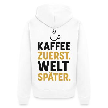kaffee spruch morgen, kaffee zuerst welt später - Unisex Premium Bio Zip Hoodie - Weiß - Hinten - Thijin (182cm)