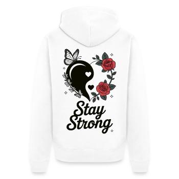 Stay Strong Shirt – Yin Yang Heart with Roses - Unisex Premium Organic Zip Hoodie - white - Back - Thijin (182cm)