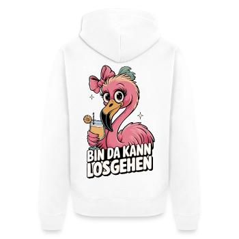 Flamingo Spruchmotiv Bin da kann losgehen - Unisex Premium Bio Zip Hoodie - Weiß - Hinten - Thijin (182cm)