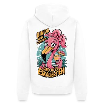 Flamingo Spruch Bin da – eskaliert eh - Unisex Premium Bio Zip Hoodie - Weiß - Hinten - Thijin (182cm)