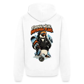 RobVibe Wild Club – Penguin informelle Pläne - Unisex Premium Bio Zip Hoodie - Weiß - Hinten - Thijin (182cm)