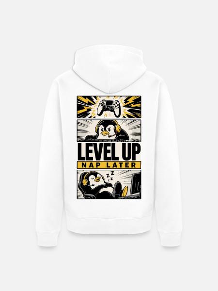 Level Up – Nap Later Gaming-Pinguin - Unisex Premium Bio Zip Hoodie - Weiß