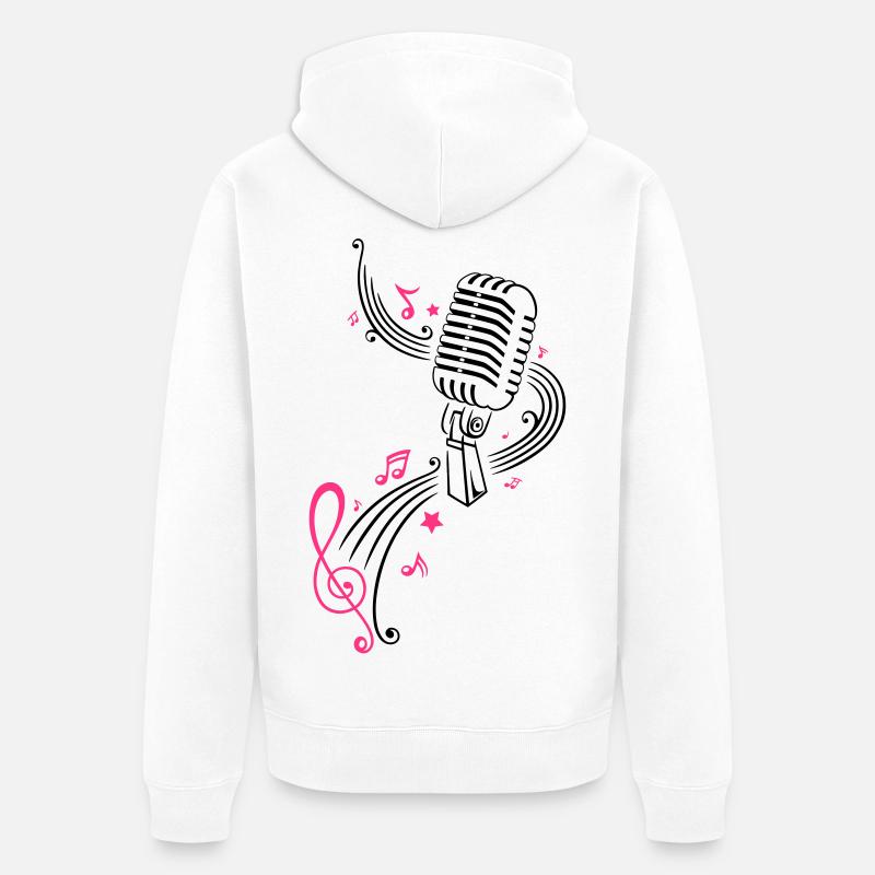 Mikrofon mit Musiknoten und Notenschlüssel - Veste à capuche bio Premium Unisexe - blanc