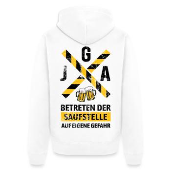 JGA Betreten der Saufstelle Warnhinweis - Unisex Premium Bio Zip Hoodie - Weiß - Hinten - Thijin (182cm)