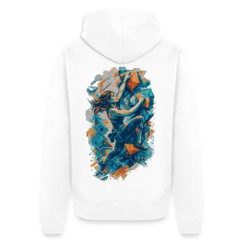 Bouldern Frau Design – Kletterin an Boulderwand - Unisex Premium Bio Zip Hoodie - Weiß - Hinten - Thijin (182cm)