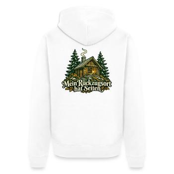 Lesende Waldhütte: Rückzugsort mit Seiten - Unisex Premium Bio Zip Hoodie - Weiß - Hinten - Thijin (182cm)