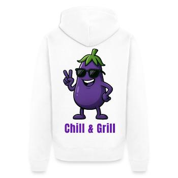 Aubergine - Chill & Grill Karikatur Gemüse  - Unisex Premium Bio Zip Hoodie - Weiß - Hinten - Thijin (182cm)