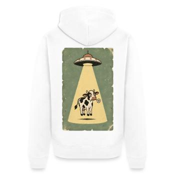 Gelassene Kuh im UFO Strahl - Unisex Premium Bio Zip Hoodie - Weiß - Hinten - Thijin (182cm)