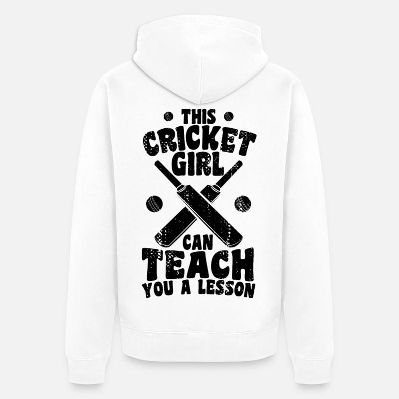Cricket Mädchen erteilt dir eine Lektion - Unisex Premium Bio Zip Hoodie - Weiß