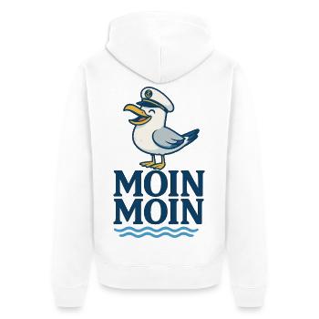 Möwe Kapitän Moin Moin Print - Unisex Premium Bio Zip Hoodie - Weiß - Hinten - Thijin (182cm)