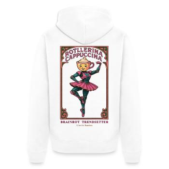 BrainRot Trendsetter| ROTllerina Cappuccina - Unisex Premium Organic Zip Hoodie - white - Back - Thijin (182cm)