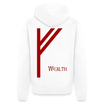 Fehu Rune mit Sinn Rot – Wikinger Futhark Nordisch - Unisex Premium Bio Zip Hoodie - Weiß - Hinten - Thijin (182cm)