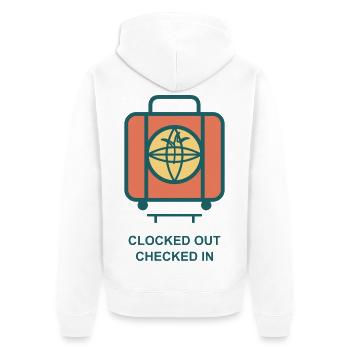 Clocked Out Checked In Koffer - Unisex Premium Bio Zip Hoodie - Weiß - Hinten - Thijin (182cm)