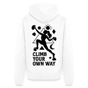 Bouldern Damen Frau Geometrisch Climb Your Own Way - Unisex Premium Bio Zip Hoodie - Weiß - Hinten - Thijin (182cm)