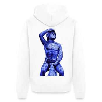Bruckmandl Regensburg. Das Regensburger Bruckmandl - Unisex Premium Bio Zip Hoodie - Weiß - Hinten - Thijin (182cm)