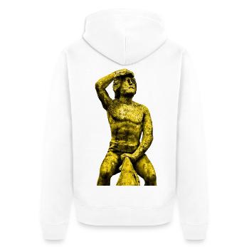 Bruckmandl Regensburg. Das Regensburger Bruckmandl - Unisex Premium Bio Zip Hoodie - Weiß - Hinten - Thijin (182cm)