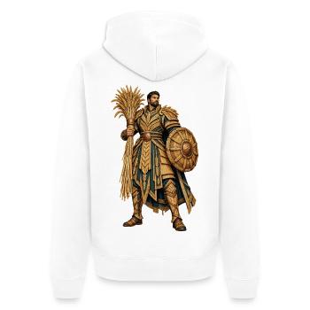 Goldener Ritterkrieger mit Palmenfächer - Unisex Premium Bio Zip Hoodie - Weiß - Hinten - Thijin (182cm)