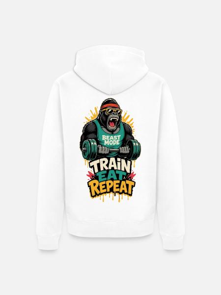 Fitness-Gorilla – Train Eat Repeat - Unisex Premium Bio Zip Hoodie - Weiß