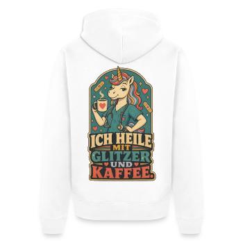 Einhorn Pflege Glitzer Kaffee Shirt - Unisex Premium Bio Zip Hoodie - Weiß - Hinten - Thijin (182cm)