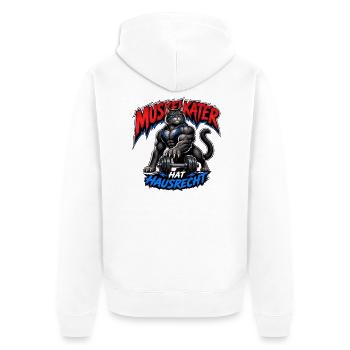 Muskelkater Hat Hausrecht – Fitness Katze - Unisex Premium Bio Zip Hoodie - Weiß - Hinten - Thijin (182cm)