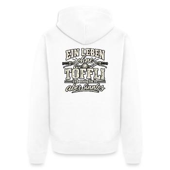 Leben ohne Töffl ist möglich - aber sinnlos - Unisex Premium Bio Zip Hoodie - Weiß - Hinten - Thijin (182cm)