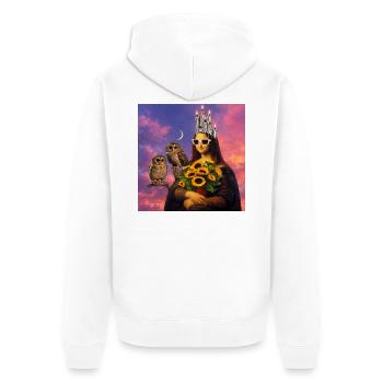 Modernes Porträt mit Sonne und Eulen - Unisex Premium Bio Zip Hoodie - Weiß - Hinten - Thijin (182cm)