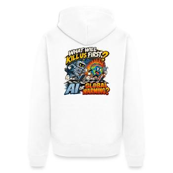 KI oder Erderwärmung – Das Weltuntergangsrennen - Unisex Premium Bio Zip Hoodie - Weiß - Hinten - Thijin (182cm)