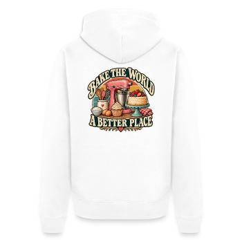 Bake The World A Better Place – Vintage - Unisex Premium Bio Zip Hoodie - Weiß - Hinten - Thijin (182cm)