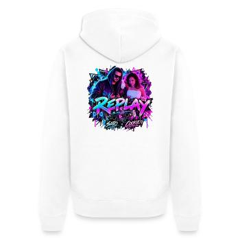 REPLAY – SATO x COOKIE | Neon Streetwear - Unisex Premium Bio Zip Hoodie - Weiß - Hinten - Thijin (182cm)