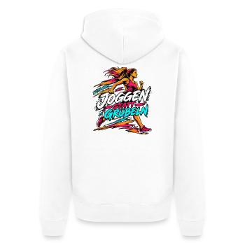 Joggen statt Grübeln – Läuferin - Unisex Premium Bio Zip Hoodie - Weiß - Hinten - Thijin (182cm)