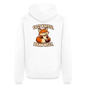 Erst Kaffee, dann Welt - Lustiger Fuchs - Unisex Premium Bio Zip Hoodie - Weiß - Hinten - Thijin (182cm)
