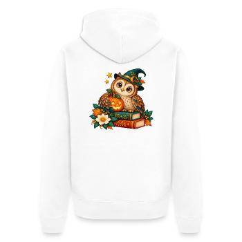 Halloween-Eule zwischen Büchern und Kürbis - Unisex Premium Bio Zip Hoodie - Weiß - Hinten - Thijin (182cm)