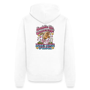 Sattel buttercup_Hobby Horse O'Clock - Unisex Premium Bio Zip Hoodie - Weiß - Hinten - Thijin (182cm)
