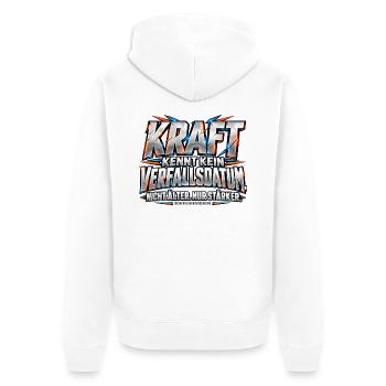 Kraft kennt kein Verfallsdatum – Nicht älter, nur  - Unisex Premium Bio Zip Hoodie - Weiß - Hinten - Thijin (182cm)
